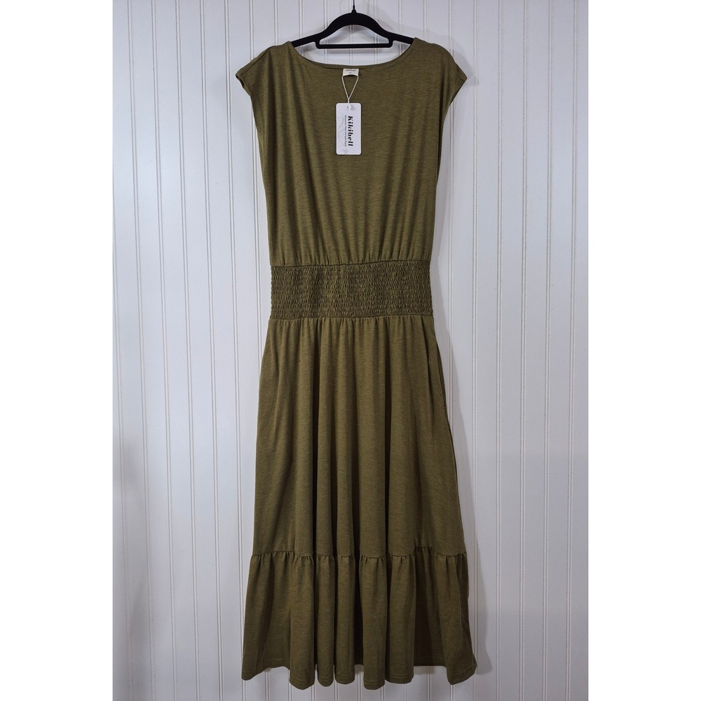 NEW Kikibell Olive Green Smocked Waist Tiered Ruffle Maxi Dress‎ Size M Summer